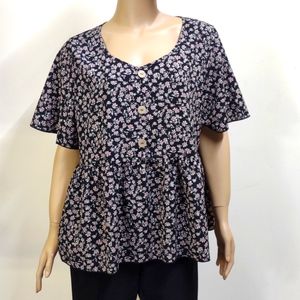 Shein Curve 0XL black & pink floral print short sleeved blouse